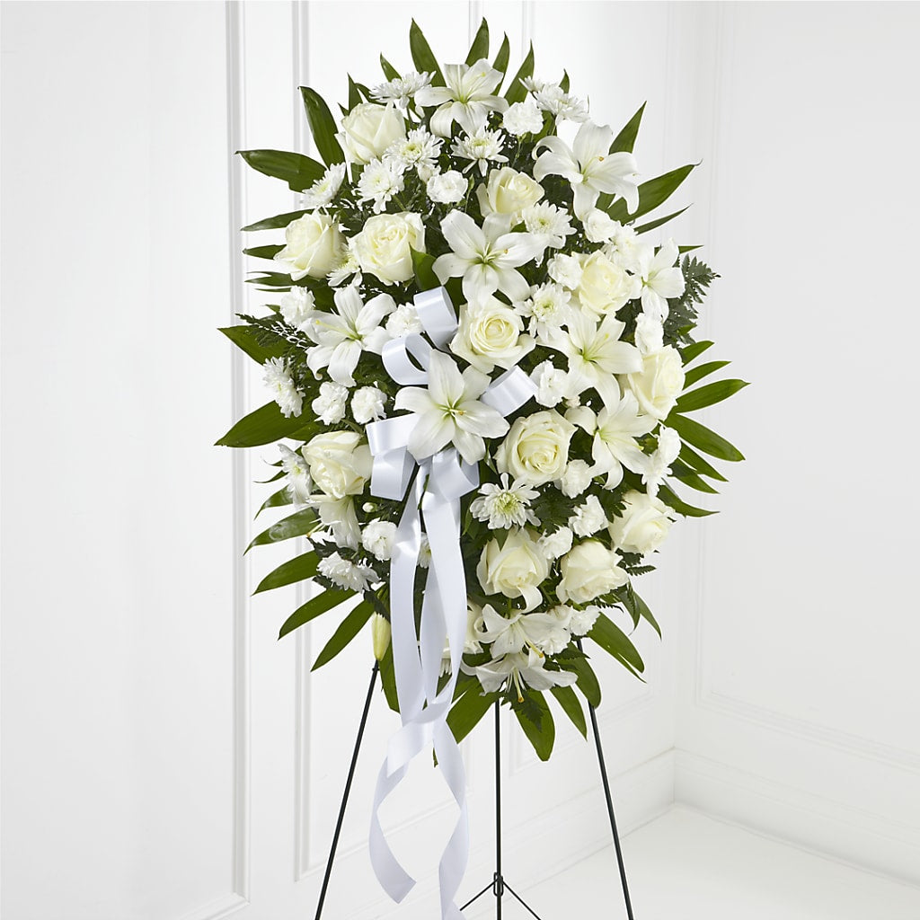 Exquisite Tribute Standing Spray-White Ribbon – Grimm-kruse-brix Florist Inc, Saint Louis MO